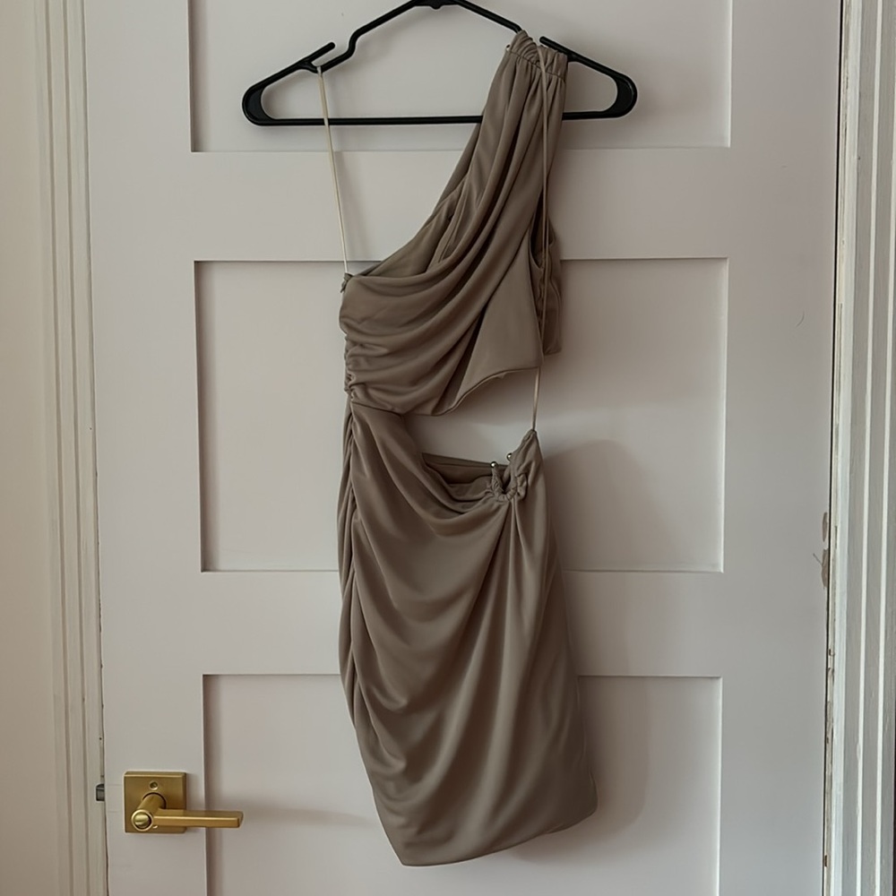 Zara Khaki and Gold Ruched Dress (NWOT) - Picture 6 of 11
